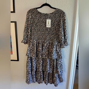 NWT SMX Tiered Ruffle Dress Smocked Top Lined Black Floral Print Cottagecore